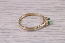 Load image into Gallery viewer, Dainty Emerald and Diamond set 18ct Yellow Gold Trilogy Ring, Natural Emerald and Diamonds, British Hallmarked