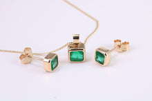 Load image into Gallery viewer, Beautiful 1.50ct Natural Emerald set Yellow Gold Necklace with Matching Earrings, Bottle Green Emeralds, British Hallmarked