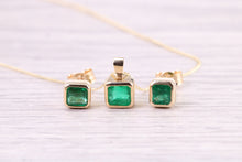 Load image into Gallery viewer, Beautiful 1.50ct Natural Emerald set Yellow Gold Necklace with Matching Earrings, Bottle Green Emeralds, British Hallmarked
