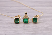 Load image into Gallery viewer, Beautiful 1.50ct Natural Emerald set Yellow Gold Necklace with Matching Earrings, Bottle Green Emeralds, British Hallmarked