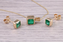 Load image into Gallery viewer, Beautiful 1.50ct Natural Emerald set Yellow Gold Necklace with Matching Earrings, Bottle Green Emeralds, British Hallmarked