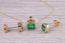 Load image into Gallery viewer, Beautiful 1.50ct Natural Emerald set Yellow Gold Necklace with Matching Earrings, Bottle Green Emeralds, British Hallmarked
