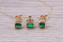 Load image into Gallery viewer, Beautiful 1.50ct Natural Emerald set Yellow Gold Necklace with Matching Earrings, Bottle Green Emeralds, British Hallmarked