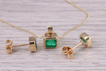 Load image into Gallery viewer, Beautiful 1.50ct Natural Emerald set Yellow Gold Necklace with Matching Earrings, Bottle Green Emeralds, British Hallmarked