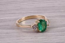 Load image into Gallery viewer, 1.00ct Natural Emerald and 0.33ct Lab Grown Diamond set Trilogy Ring, Made From Yellow Gold With British Hallmark