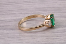 Load image into Gallery viewer, 1.00ct Natural Emerald and 0.33ct Lab Grown Diamond set Trilogy Ring, Made From Yellow Gold With British Hallmark