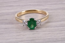 Load image into Gallery viewer, One carat Emerald and Diamond Trilogy Ring set in 18ct Gold and Platinum, British Hallmarked