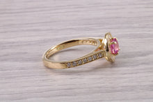 Load image into Gallery viewer, Stunning Pink Sapphire and Diamond Halo set Ring, Made From 18ct Yellow Gold, British Hallmarked