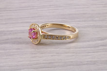 Load image into Gallery viewer, Stunning Pink Sapphire and Diamond Halo set Ring, Made From 18ct Yellow Gold, British Hallmarked