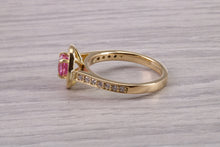 Load image into Gallery viewer, Stunning Pink Sapphire and Diamond Halo set Ring, Made From 18ct Yellow Gold, British Hallmarked