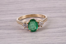 Load image into Gallery viewer, 1.00ct Natural Emerald and 0.33ct Lab Grown Diamond set Trilogy Ring, Made From Yellow Gold With British Hallmark