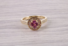 Load image into Gallery viewer, Stunning Pink Sapphire and Diamond Halo set Ring, Made From 18ct Yellow Gold, British Hallmarked