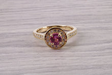 Load image into Gallery viewer, Stunning Pink Sapphire and Diamond Halo set Ring, Made From 18ct Yellow Gold, British Hallmarked
