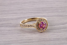 Load image into Gallery viewer, Stunning Pink Sapphire and Diamond Halo set Ring, Made From 18ct Yellow Gold, British Hallmarked