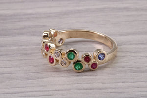 6 mm Wide Multi Gemstone set Yellow Gold Ring, Solid Yellow Gold With British Hallmark