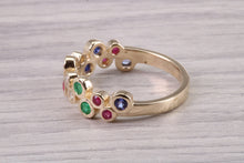 Load image into Gallery viewer, 6 mm Wide Multi Gemstone set Yellow Gold Ring, Solid Yellow Gold With British Hallmark