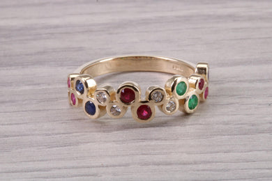 6 mm Wide Multi Gemstone set Yellow Gold Ring, Solid Yellow Gold With British Hallmark