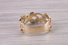 Load image into Gallery viewer, 9 mm Wide Multi Gemstone set Yellow Gold Ring, Solid Yellow Gold With British Hallmark