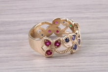 Load image into Gallery viewer, 9 mm Wide Multi Gemstone set Yellow Gold Ring, Solid Yellow Gold With British Hallmark