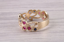 Load image into Gallery viewer, 9 mm Wide Multi Gemstone set Yellow Gold Ring, Solid Yellow Gold With British Hallmark