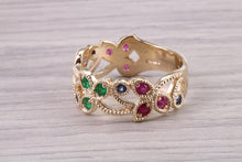 Load image into Gallery viewer, 9 mm Wide Multi Gemstone set Yellow Gold Ring, Solid Yellow Gold With British Hallmark