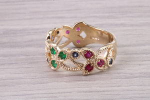 9 mm Wide Multi Gemstone set Yellow Gold Ring, Solid Yellow Gold With British Hallmark