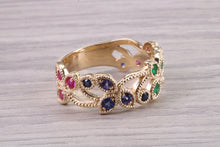 Load image into Gallery viewer, 9 mm Wide Multi Gemstone set Yellow Gold Ring, Solid Yellow Gold With British Hallmark
