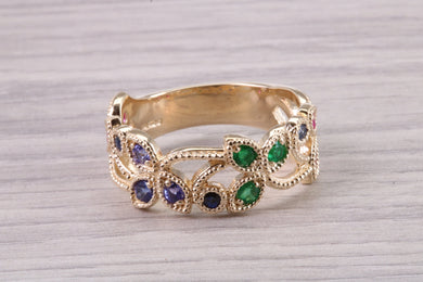 9 mm Wide Multi Gemstone set Yellow Gold Ring, Solid Yellow Gold With British Hallmark
