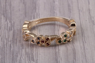 4 mm Wide Multi Gemstone set Yellow Gold Ring, Solid Yellow Gold With British Hallmark