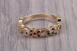 4 mm Wide Multi Gemstone set Yellow Gold Ring, Solid Yellow Gold With British Hallmark