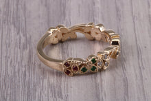 Load image into Gallery viewer, 4 mm Wide Multi Gemstone set Yellow Gold Ring, Solid Yellow Gold With British Hallmark