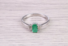 Load image into Gallery viewer, Dainty Platinum set Emerald and Diamond Trilogy Ring, British Hallmarked