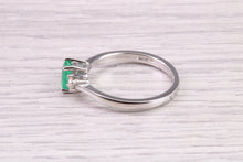 Load image into Gallery viewer, Dainty Platinum set Emerald and Diamond Trilogy Ring, British Hallmarked