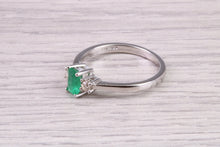 Load image into Gallery viewer, Dainty Platinum set Emerald and Diamond Trilogy Ring, British Hallmarked