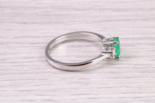 Load image into Gallery viewer, Dainty Platinum set Emerald and Diamond Trilogy Ring, British Hallmarked