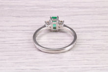 Load image into Gallery viewer, Dainty Platinum set Emerald and Diamond Trilogy Ring, British Hallmarked
