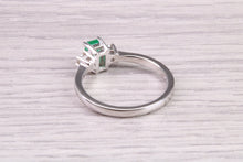 Load image into Gallery viewer, Dainty Platinum set Emerald and Diamond Trilogy Ring, British Hallmarked