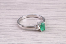 Load image into Gallery viewer, Dainty Platinum set Emerald and Diamond Trilogy Ring, British Hallmarked