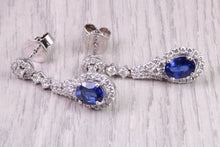 Load image into Gallery viewer, Very Dressy Natural Royal Blue Sapphire and Diamond set 18ct White Gold Dropper Earrings, British Hallmarked