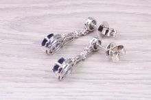 Load image into Gallery viewer, Very Dressy Natural Royal Blue Sapphire and Diamond set 18ct White Gold Dropper Earrings, British Hallmarked