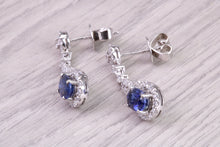 Load image into Gallery viewer, Very Dressy Natural Royal Blue Sapphire and Diamond set 18ct White Gold Dropper Earrings, British Hallmarked