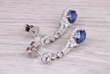 Load image into Gallery viewer, Very Dressy Natural Royal Blue Sapphire and Diamond set 18ct White Gold Dropper Earrings, British Hallmarked