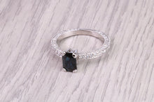 Load image into Gallery viewer, Two carat Rectangle Emerald cut Blue Sapphire and Diamonds set 18ct White Gold Ring, Diamond Encrusted Shank