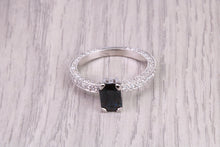 Load image into Gallery viewer, Two carat Rectangle Emerald cut Blue Sapphire and Diamonds set 18ct White Gold Ring, Diamond Encrusted Shank