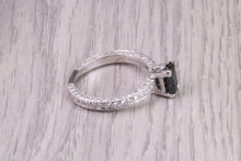 Load image into Gallery viewer, Two carat Rectangle Emerald cut Blue Sapphire and Diamonds set 18ct White Gold Ring, Diamond Encrusted Shank