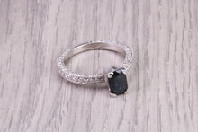 Load image into Gallery viewer, Two carat Rectangle Emerald cut Blue Sapphire and Diamonds set 18ct White Gold Ring, Diamond Encrusted Shank