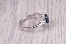 Load image into Gallery viewer, Natural 1.45ct Oval cut Royal Blue Sapphire and 0.25ct Top Graded Natural Round Diamonds set 18ct White Gold Ring, British Hallmarked
