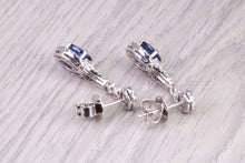 Load image into Gallery viewer, Very Dressy Natural Royal Blue Sapphire and Diamond set 18ct White Gold Dropper Earrings, British Hallmarked