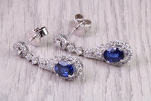 Load image into Gallery viewer, Very Dressy Natural Royal Blue Sapphire and Diamond set 18ct White Gold Dropper Earrings, British Hallmarked