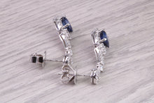 Load image into Gallery viewer, Very Dressy Natural Royal Blue Sapphire and Diamond set 18ct White Gold Dropper Earrings, British Hallmarked
